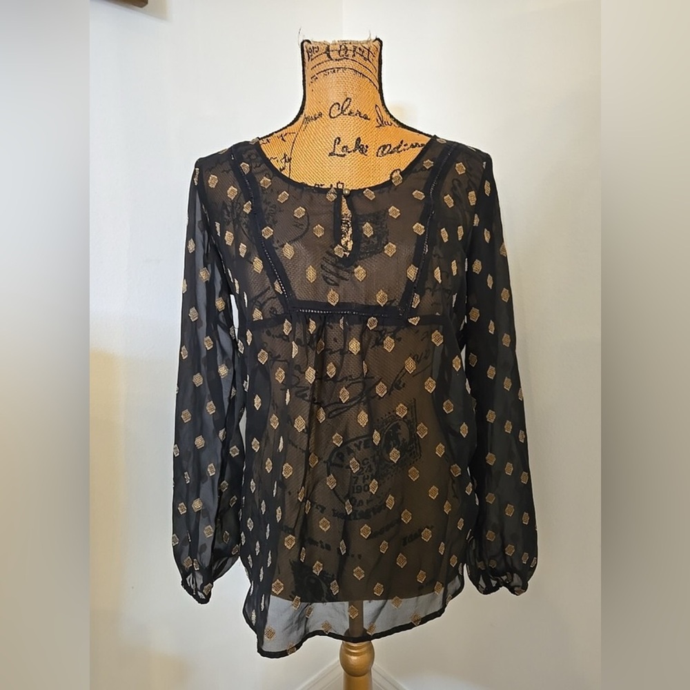 Ann Taylor LOFT Sheer Black & Gold Blouse